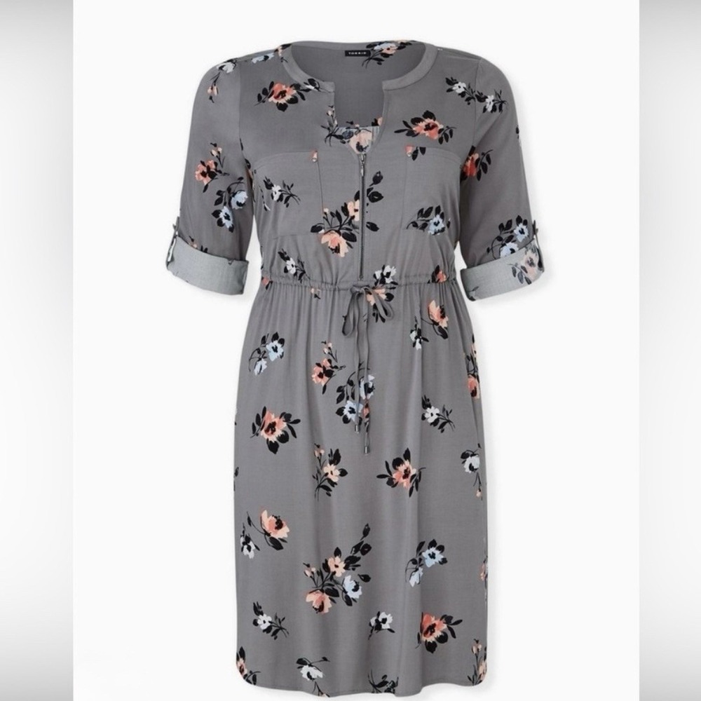 Torrid Gray Floral Challis Zip-Front 3/4 Tab Sleeve Shirt Dress Size‎ 4X - Picture 4 of 13